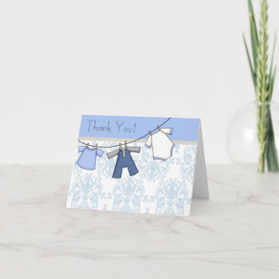 Blue Damask Clothesline Baby Boy Thank You Cards
