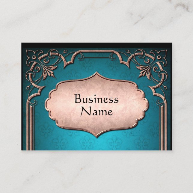 Blue damask copper victorian trim el5 business card (Front)