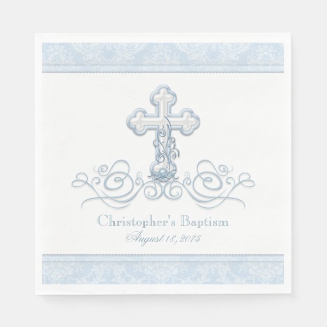 Blue Damask Cross Baptism Communion Napkins (Front)