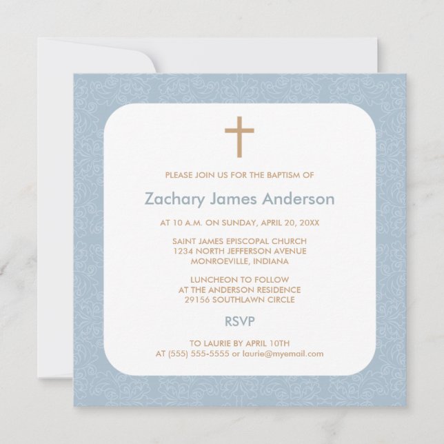 Blue Damask & Cross Baptism Invitations (Front)