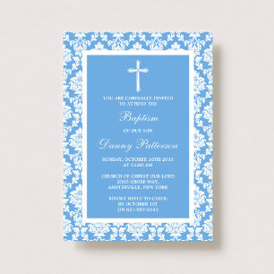Blue Damask Cross Baptism Or Christening Invitation