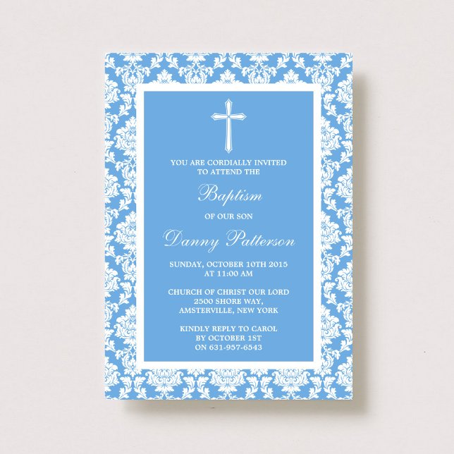 Blue Damask Cross Baptism Or Christening Invitation (Creator Uploaded)