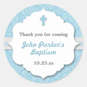 Blue Damask cross boy baptism christening favour Classic Round Sticker