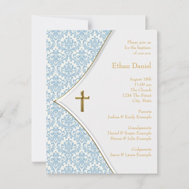 Blue Damask Cross Boy Baptism Christening Invitation (Front)