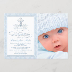 Blue Damask Cross Boy Photo Baptism Invitation