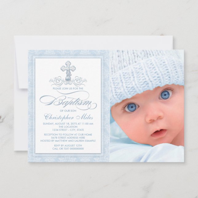 Blue Damask Cross Boy Photo Baptism Invitation (Front)