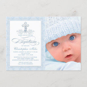 Blue Damask Cross Boy Photo Baptism Invitation