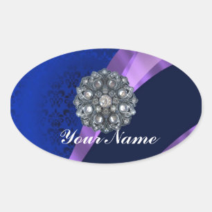 Blue damask & crystal oval sticker