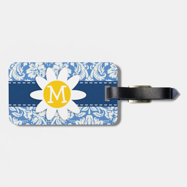 Blue Damask; Daisy Luggage Tag (Back Horizontal)
