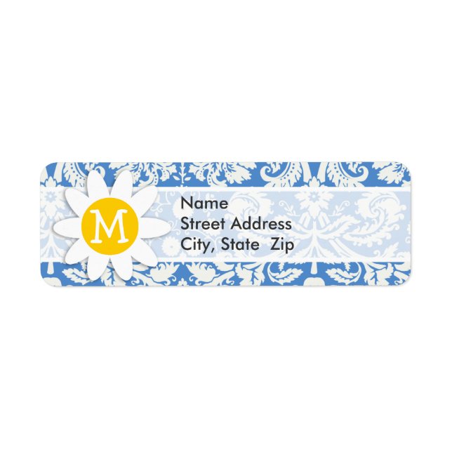 Blue Damask; Daisy Return Address Label (Front)
