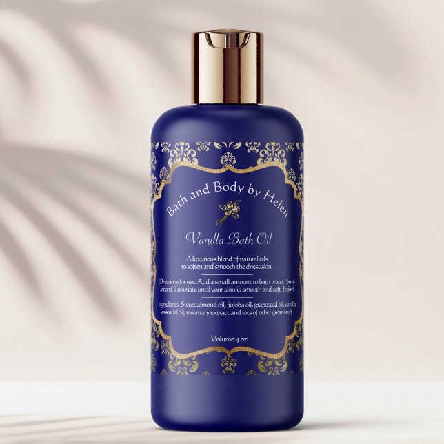 Blue damask & gold foil soap cosmetics label - 1 (Creator Uploaded)