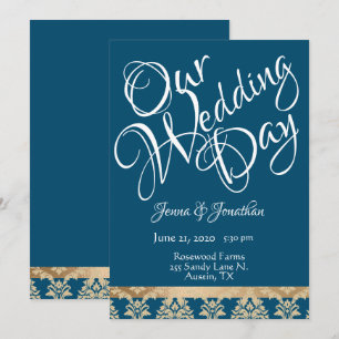 Blue Damask Gold Script Elegant Our Wedding Day Invitation