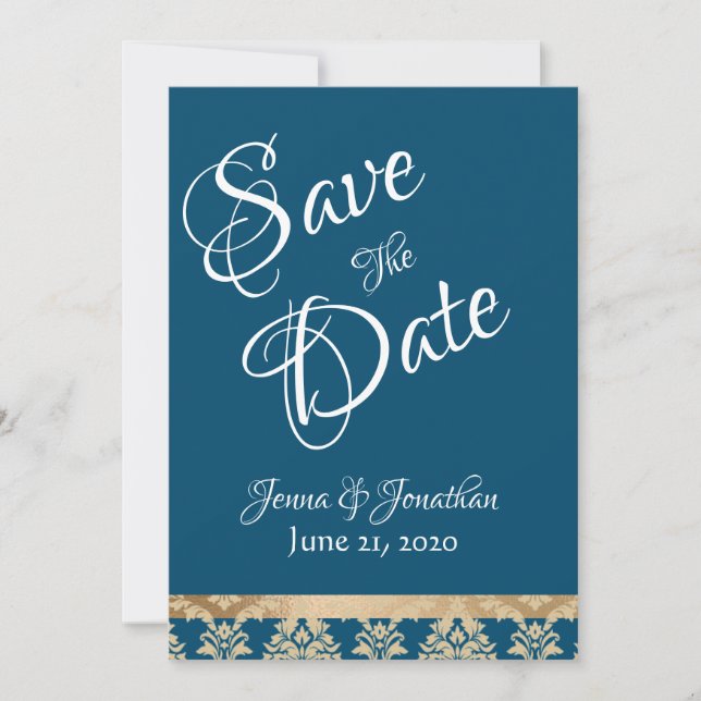 Blue Damask Gold Script Elegant Wedding Save The Date (Front)