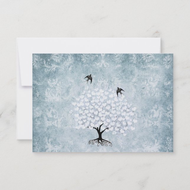 Blue Damask Heart Leaf Tree Vintage Bird RSVP (Back)