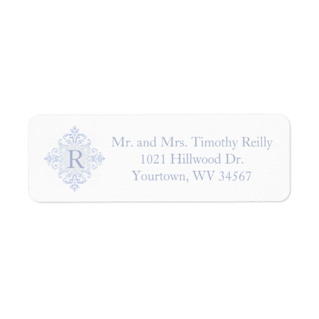 Blue Damask Initial Family Monogram Return Address Label (Front)