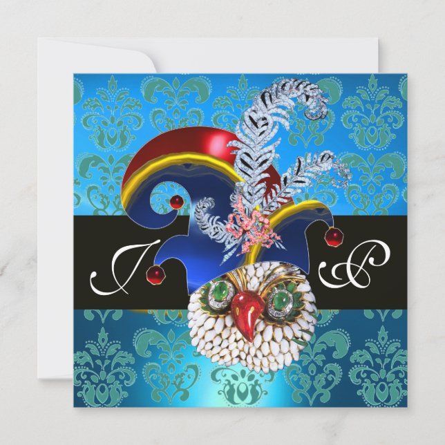 BLUE DAMASK ,JEWEL OWL ,ELF HAT,DIAMOND  FEATHERS INVITATION (Front)