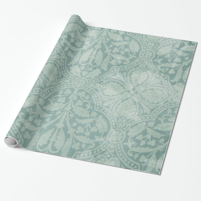 Blue Damask Lace Print Fabric Patte Wrapping Paper (Unrolled)