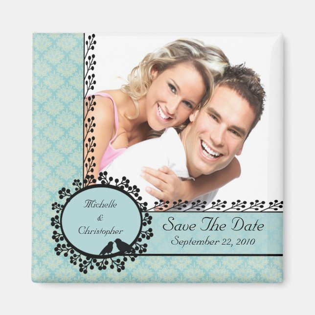 Blue Damask Love Birds Photo Save The Date Magnet (Front)