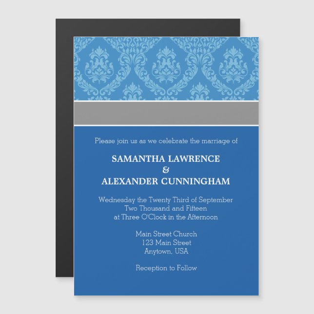 Blue Damask Magnetic Wedding Invitation (Front/Back)