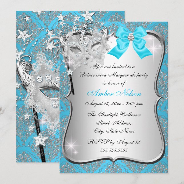 Blue Damask Mask Quinceanera Masquerade Invite (Front/Back)