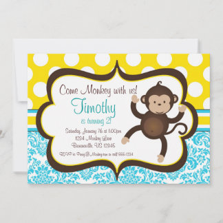 Blue Damask Mod Monkey Boys Birthday Party Invite