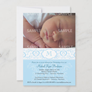 Blue Damask Monogram Baptism/Christening Invitation