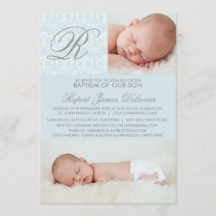 Blue Damask Monogram Baptism Photo Invitation