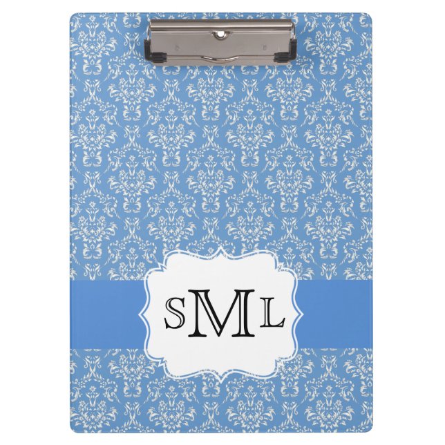 Blue Damask Monogram Custom Clipboard (Front)