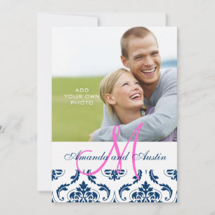 Blue Damask Monogram Photo Wedding Invitations
