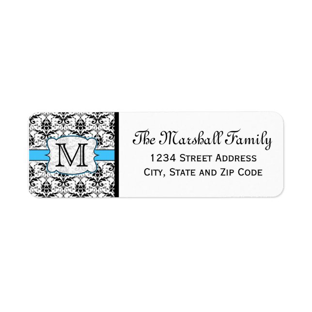 (Blue) Damask Monogram Return Address Labels (Front)