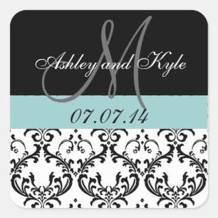Blue Damask Monogram Save the Date Stickers