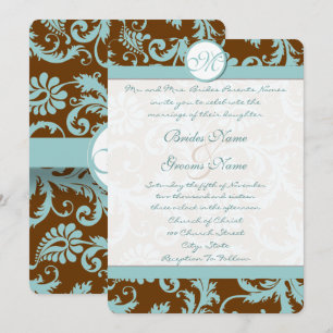 Blue Damask on Brown Wedding Invitation