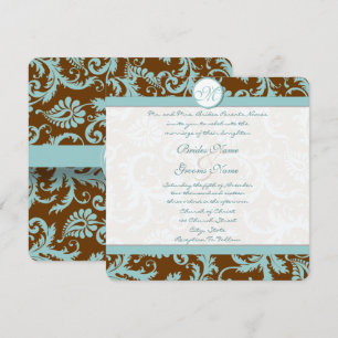 Blue Damask on Brown Wedding Invitation
