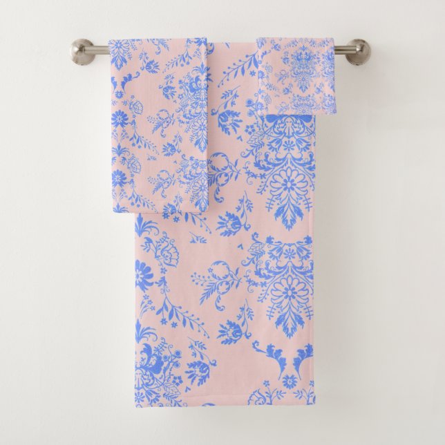 Blue Damask on Pink Bath Towel Set (Insitu)