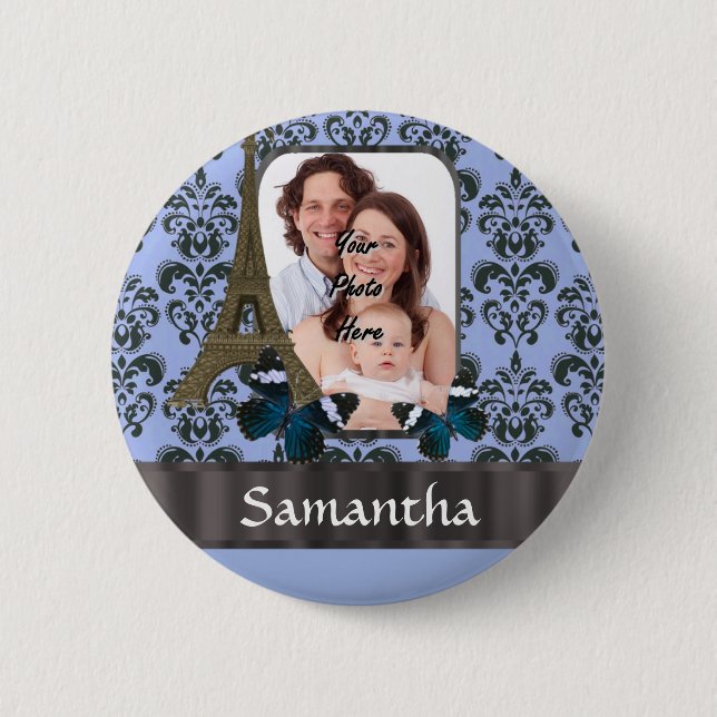 Blue damask Paris collage 6 Cm Round Badge (Front)