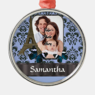 Blue damask Paris collage Metal Ornament