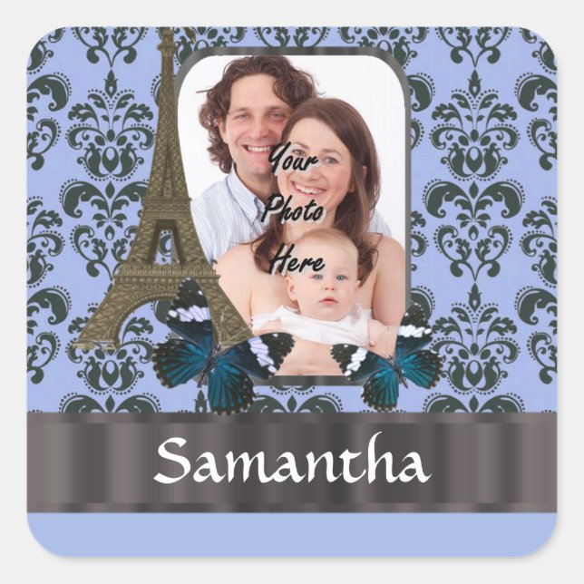Blue damask Paris collage Square Sticker (Front)