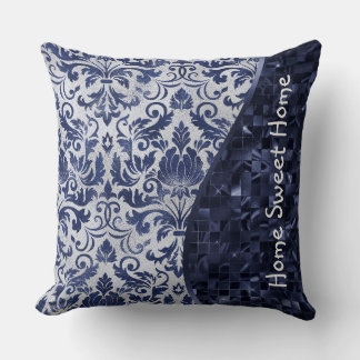 Blue Damask Pattern Glam Glitter Personalised Cushion