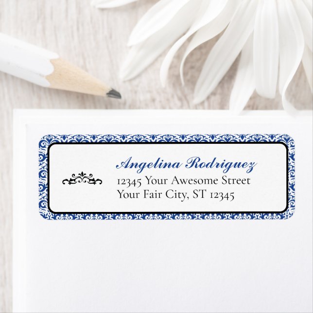 Blue Damask Pattern Graduation Return Address Label (Insitu)