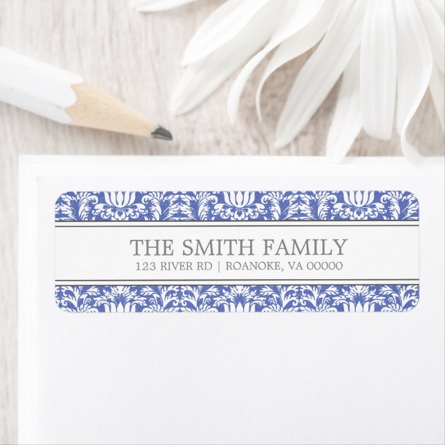 Blue Damask Pattern Return Address Label (Insitu)