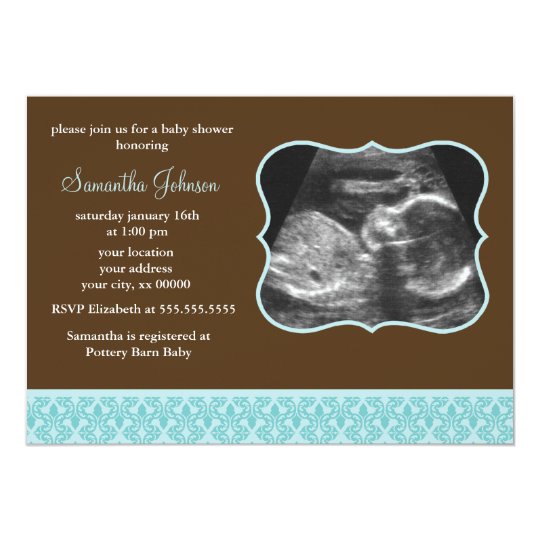 Blue Damask Pattern Sonogram Baby Shower Card