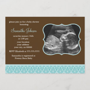 Blue Damask Pattern Sonogram Baby Shower Invitation