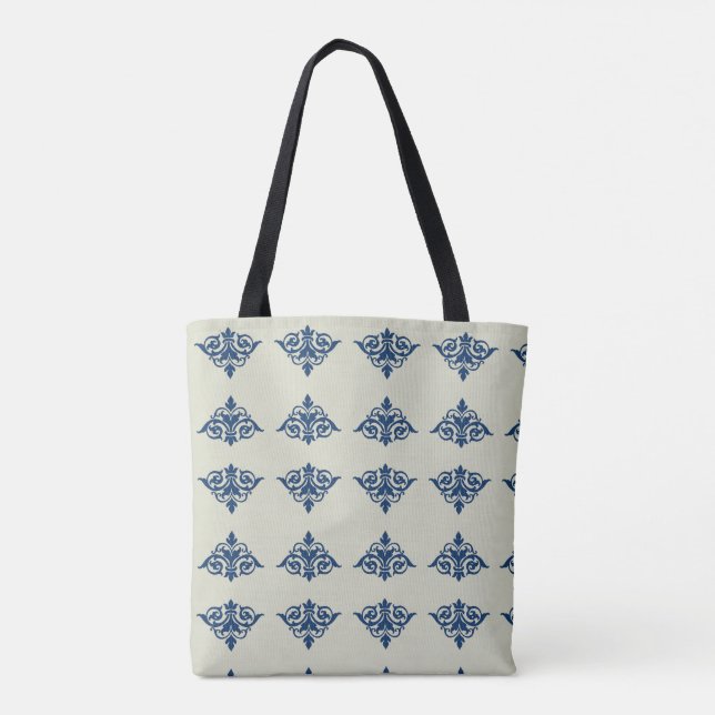 Blue damask patterned tote bag (Back)