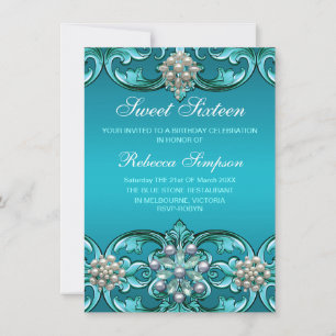 Blue Damask & Pearl Sweet 16 Birthday Invite
