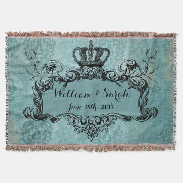 Blue Damask Personalised Wedding Royal Crown Throw Blanket (Front)