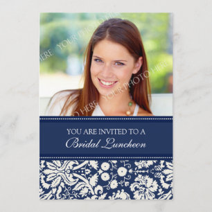 Blue Damask Photo Bridal Luncheon Invitation Card