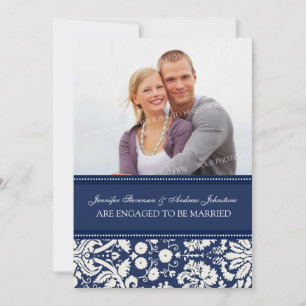 Blue Damask Photo Engagement Announcement Cards
