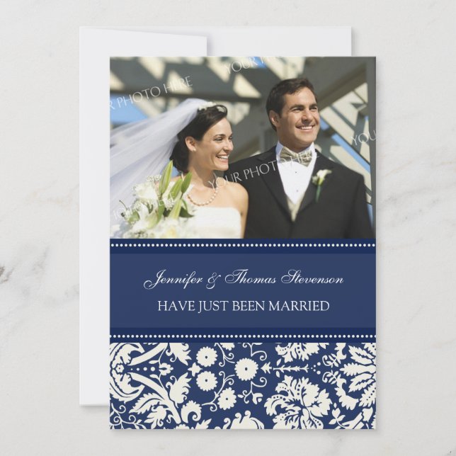 Blue Damask Photo Just Married Announcement Cards (Front)