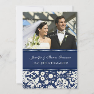 Blue Damask Photo Just Married Announcement Cards