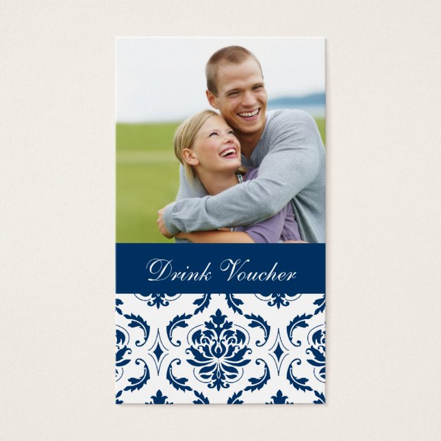 Blue Damask Photo Wedding Drink Voucher (Front)